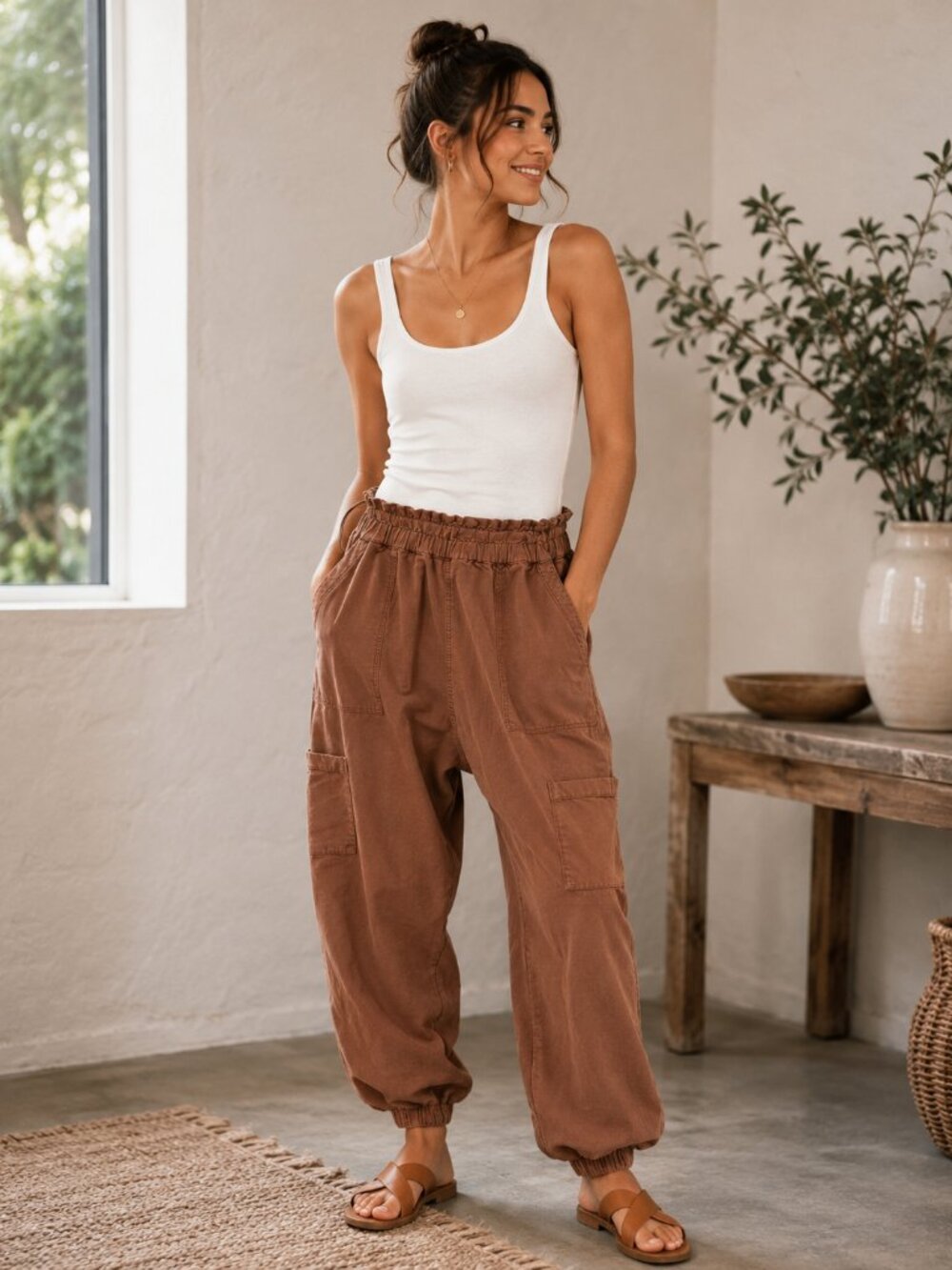 NSF Shailey Paperbag Pants Womens Medium Brown Tan Pull on Drop Crotch